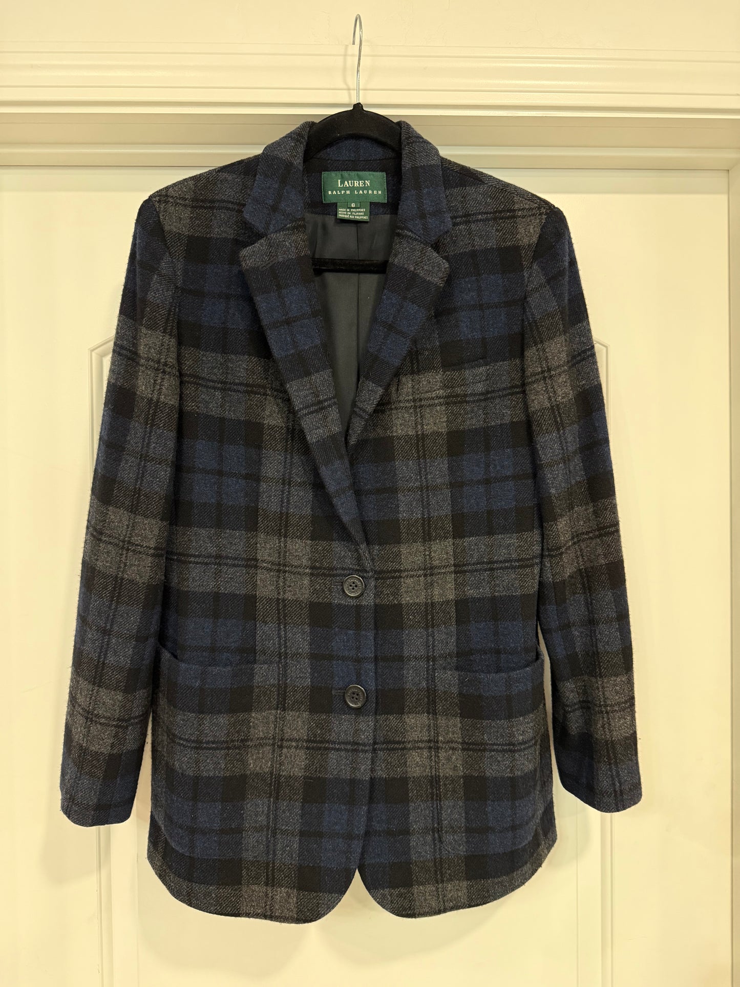 NEW!! Vintage Ralph Lauren Blue Plaid Wool Blazer Size 6