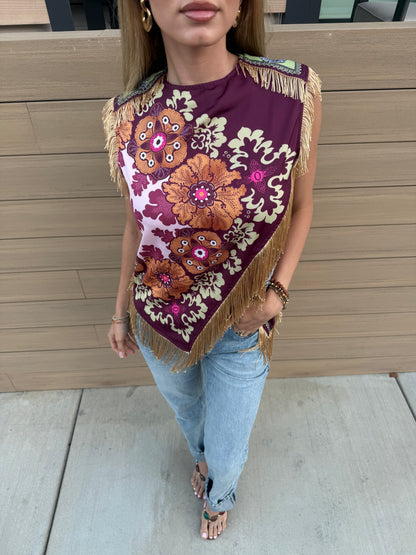 Asymmetric Tassel Trim Scarf Top