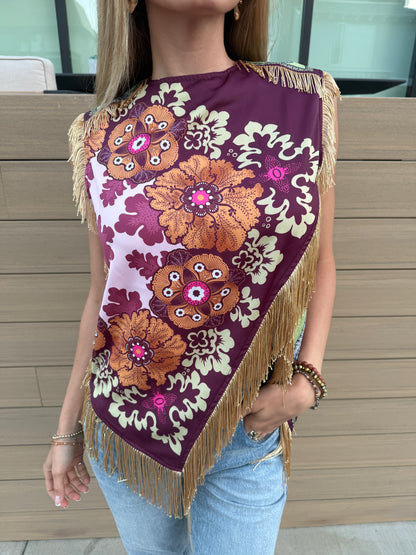 Asymmetric Tassel Trim Scarf Top