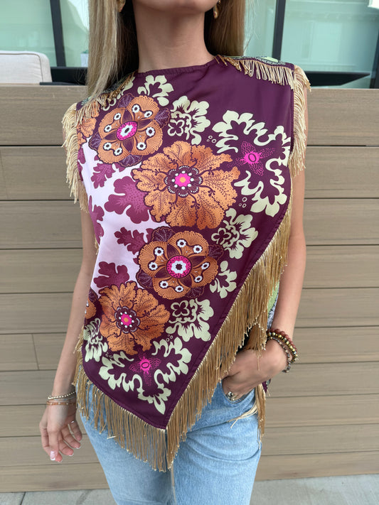 Asymmetric Tassel Trim Scarf Top
