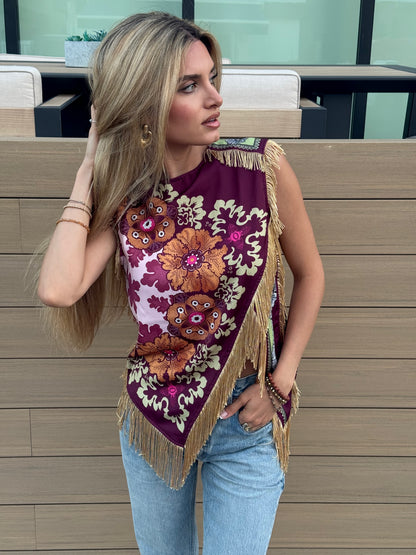 Asymmetric Tassel Trim Scarf Top