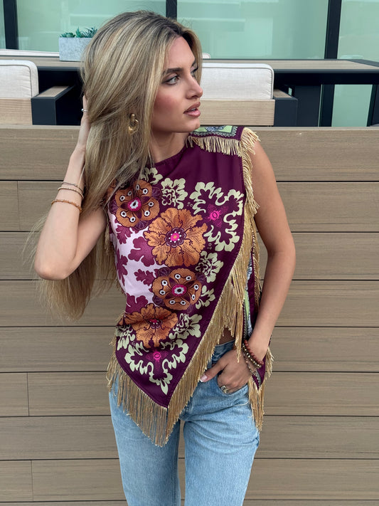 Asymmetric Tassel Trim Scarf Top