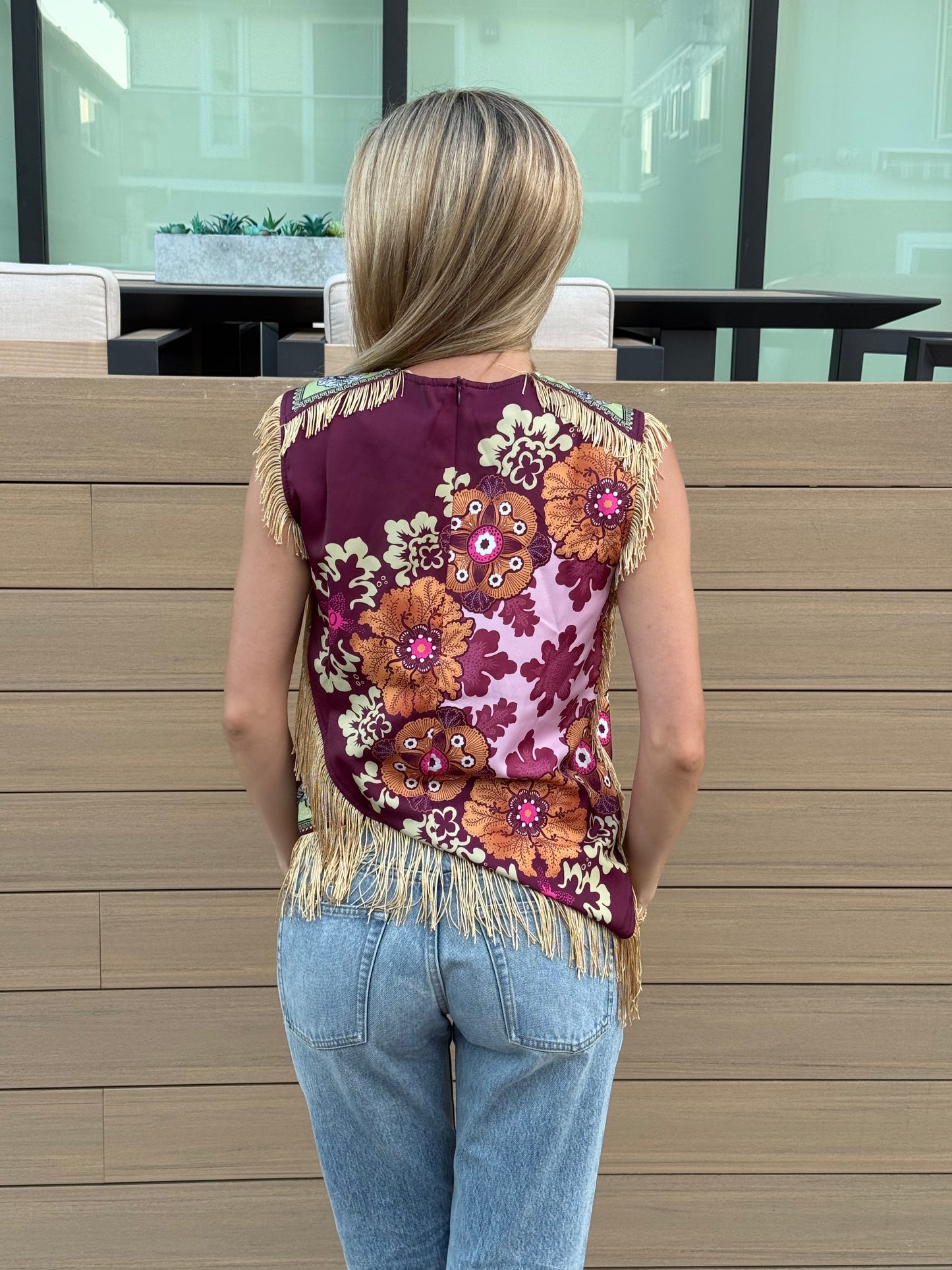 Asymmetric Tassel Trim Scarf Top