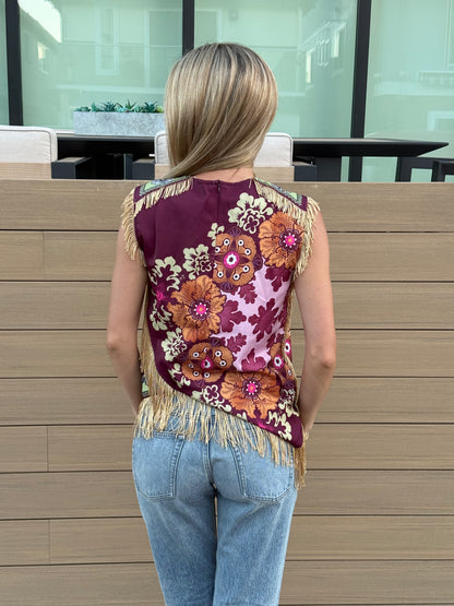 Asymmetric Tassel Trim Scarf Top