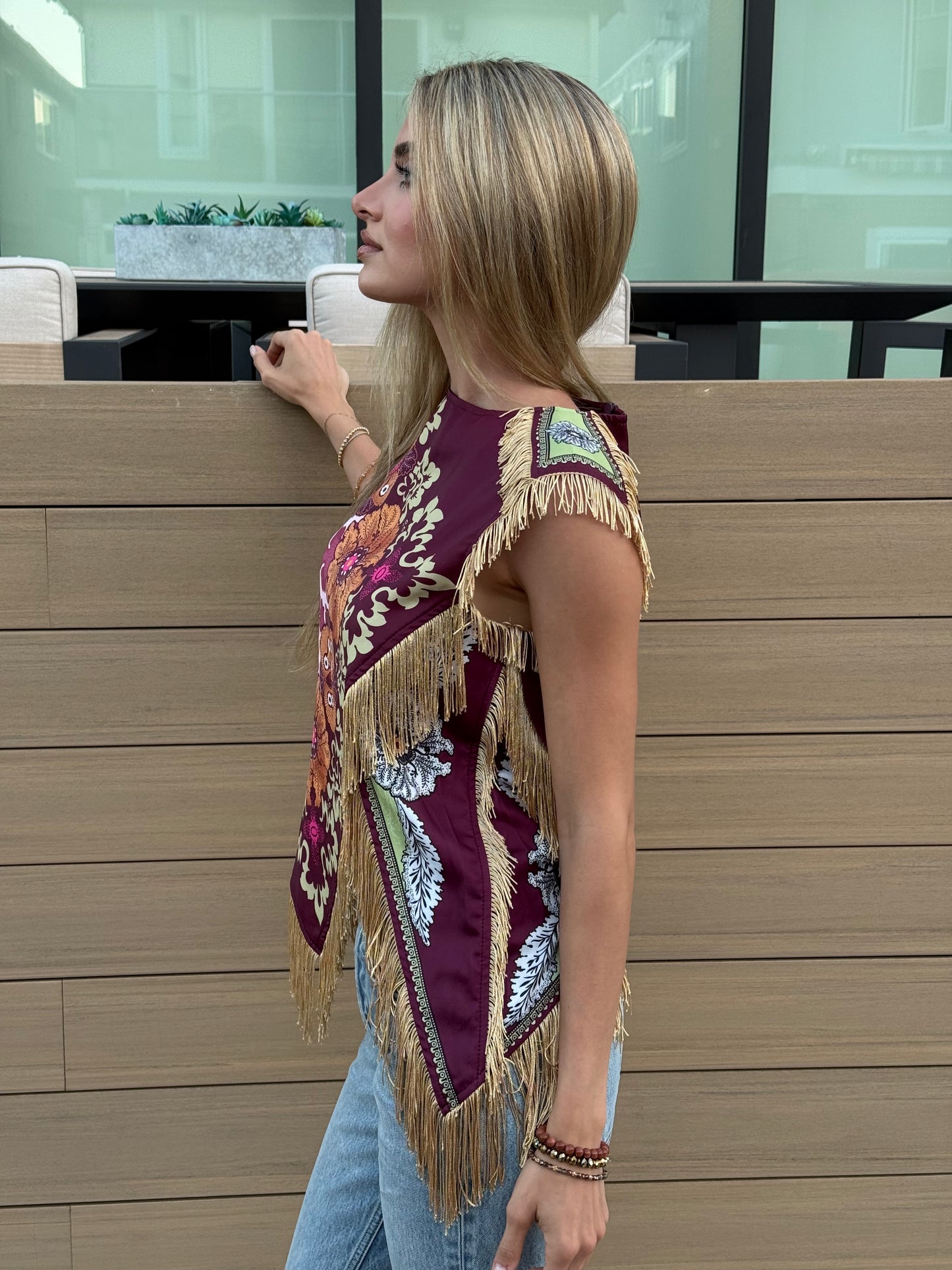 Asymmetric Tassel Trim Scarf Top