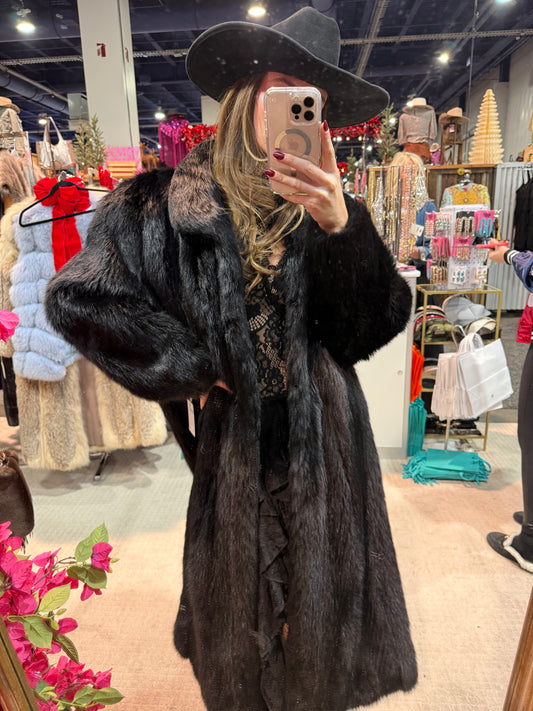 #S12 Vintage Dyed Black South American Fox Coat - Size Medium