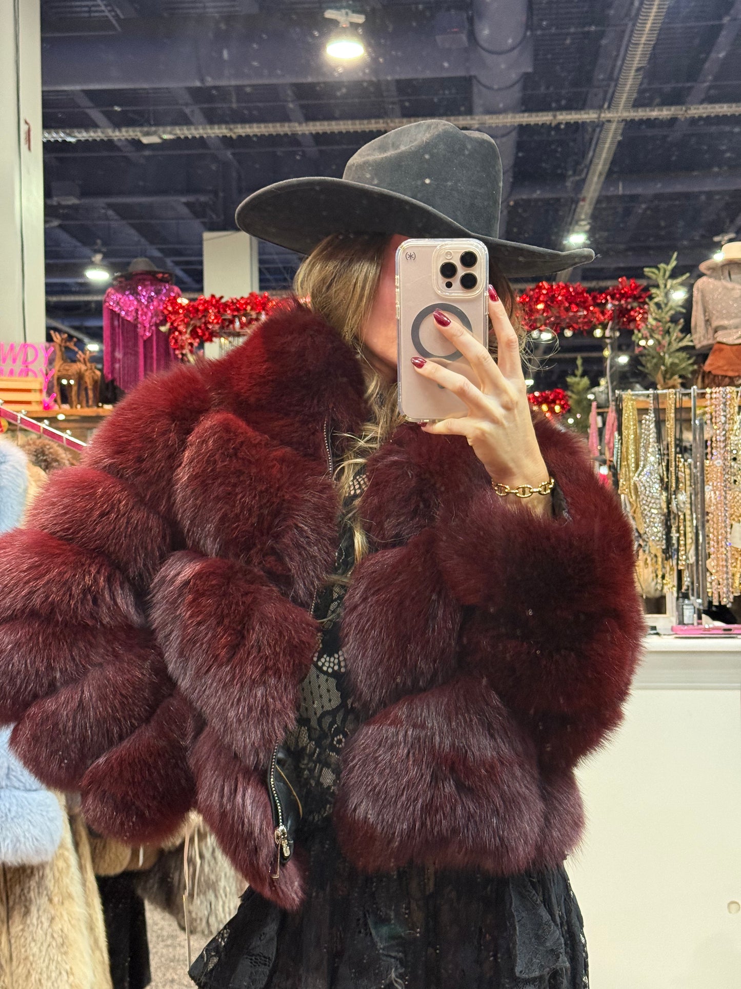 #167 Vintage Dyed Burgundy Fox Jacket Size Small