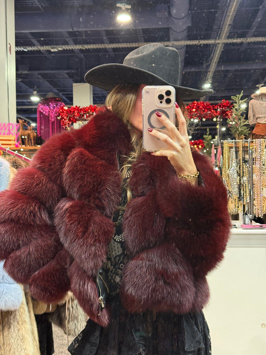 #167 Vintage Dyed Burgundy Fox Jacket Size Small