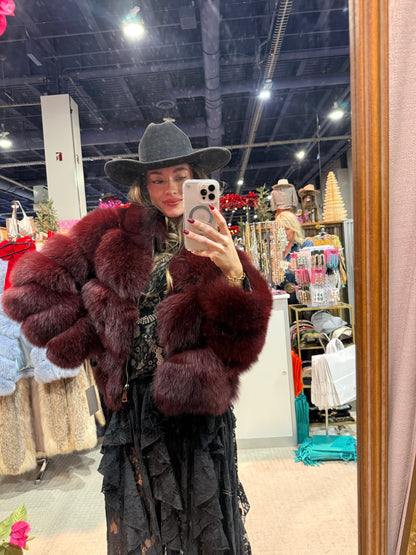 #167 Vintage Dyed Burgundy Fox Jacket Size Small