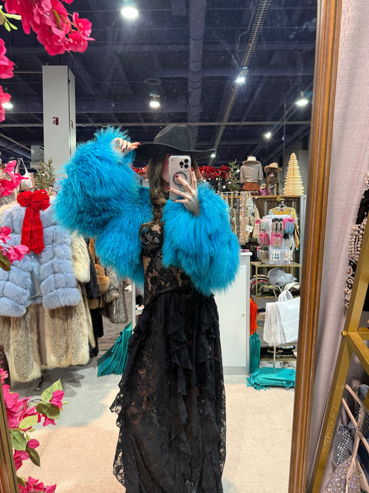 #6 Vintage Dyed Teal Mongolian Cropped Fur Jacket - Size Medium