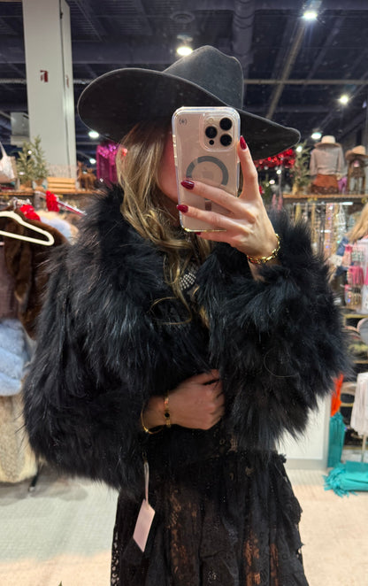 #186 Vintage Dyed Black Cropped Fox Fur Jacket - Size S/M