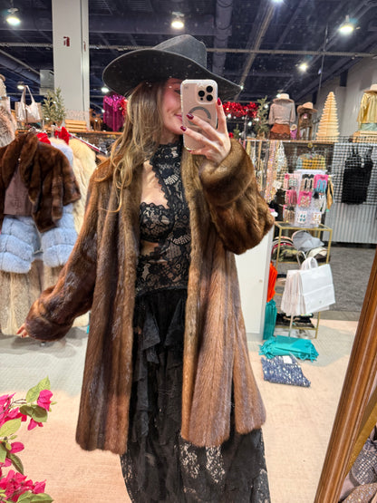 #S13 Vintage Brown Mink 7/8 Coat - Size Medium/Large