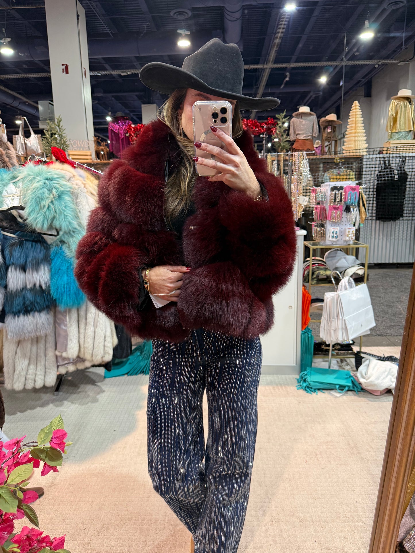 #167 Vintage Dyed Burgundy Fox Jacket Size Small