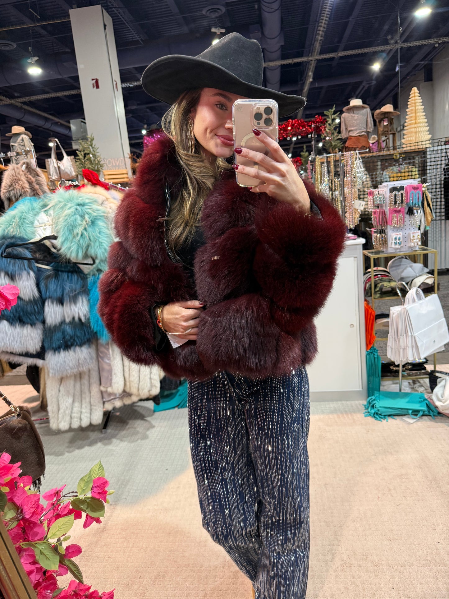 #167 Vintage Dyed Burgundy Fox Jacket Size Small