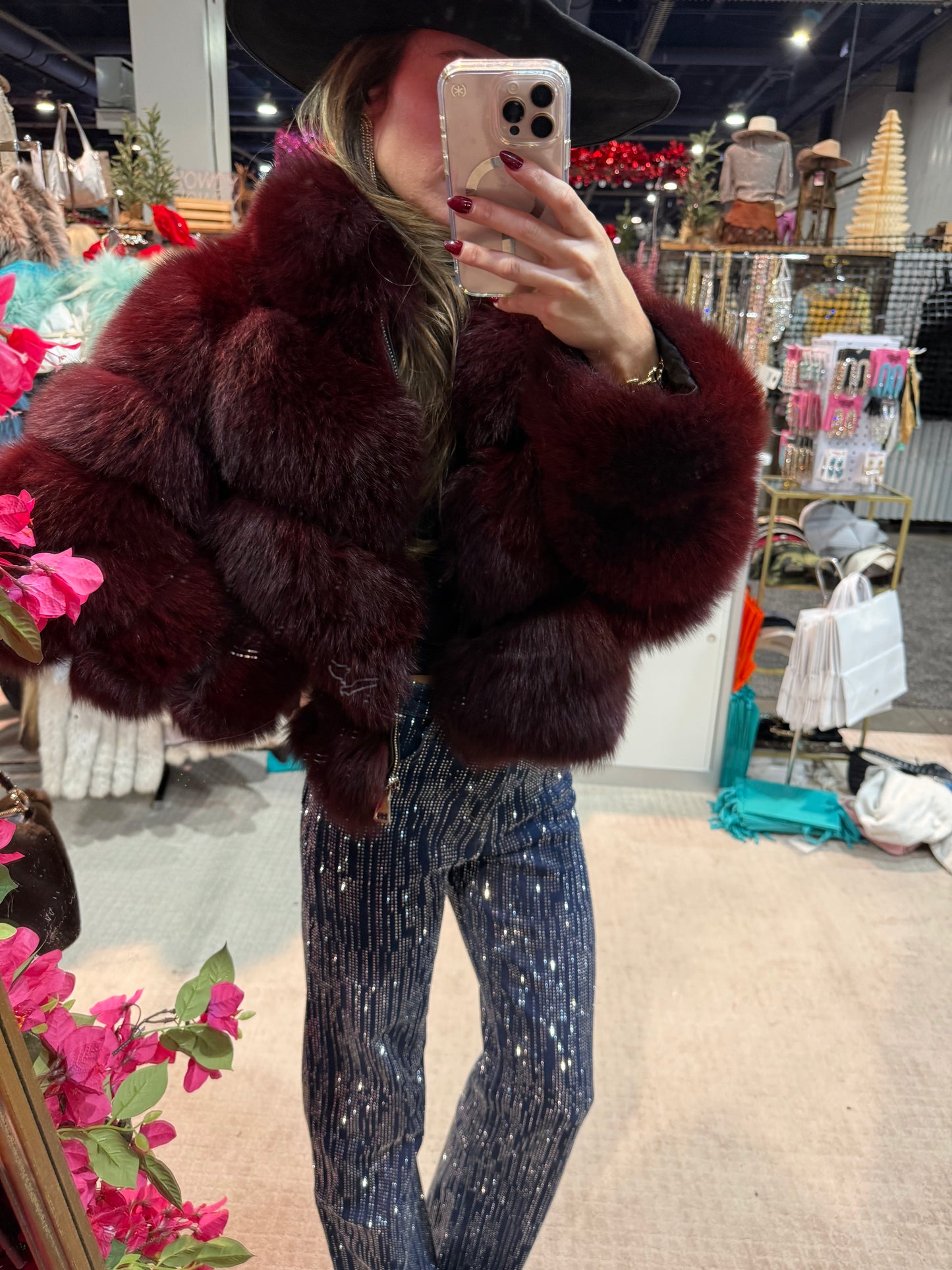 #167 Vintage Dyed Burgundy Fox Jacket Size Small