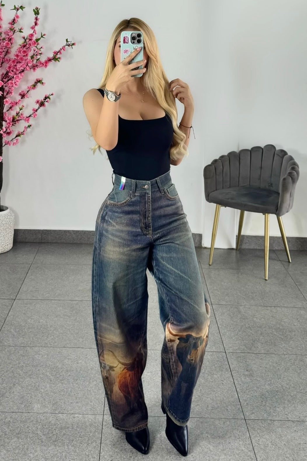Long Horn Print Barrel Jean