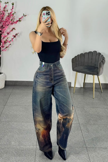 Long Horn Print Barrel Jean