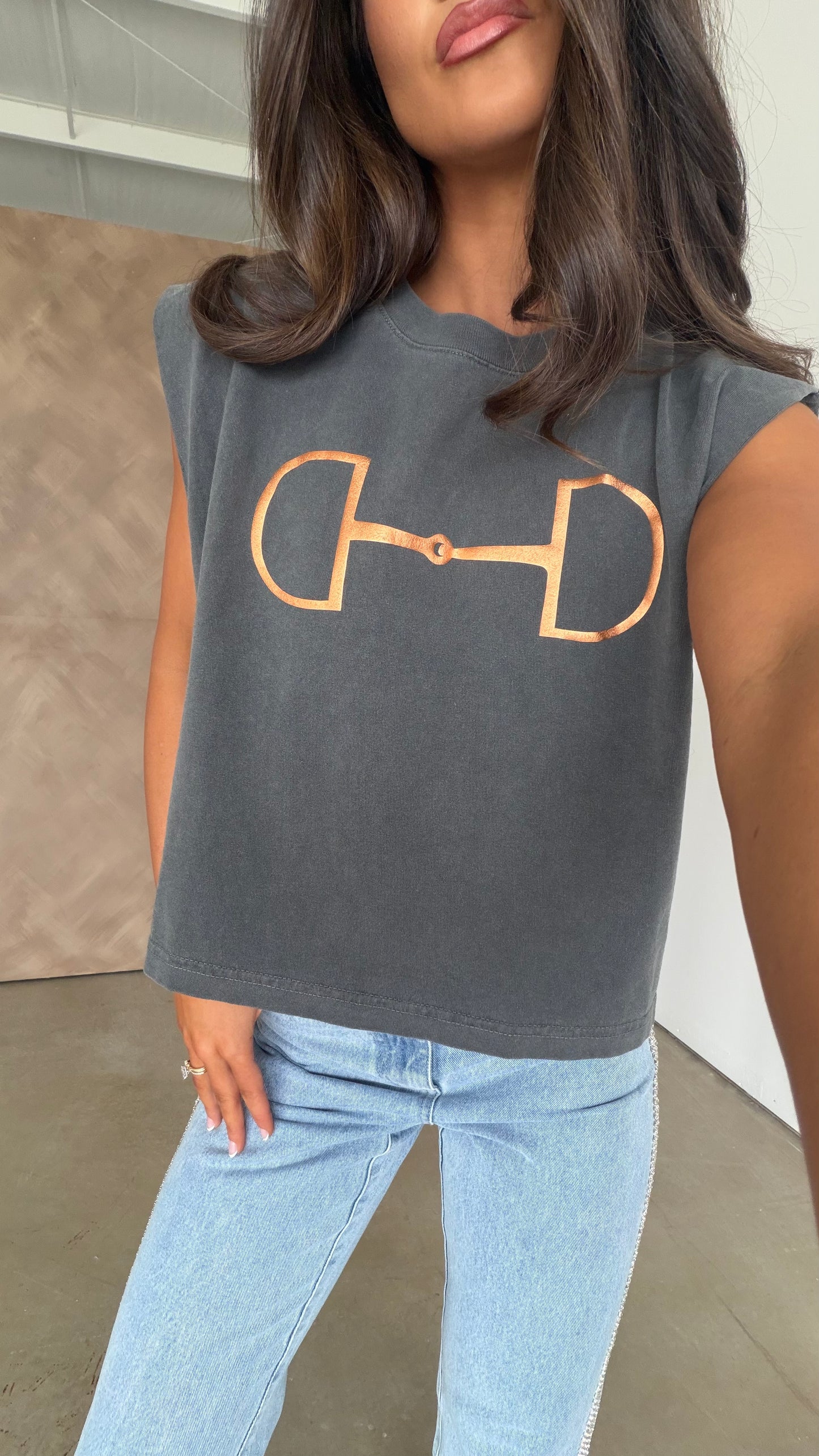 NEW!! "Metallic Cowgirl" Horsebit Muscle Tee in Charcoal