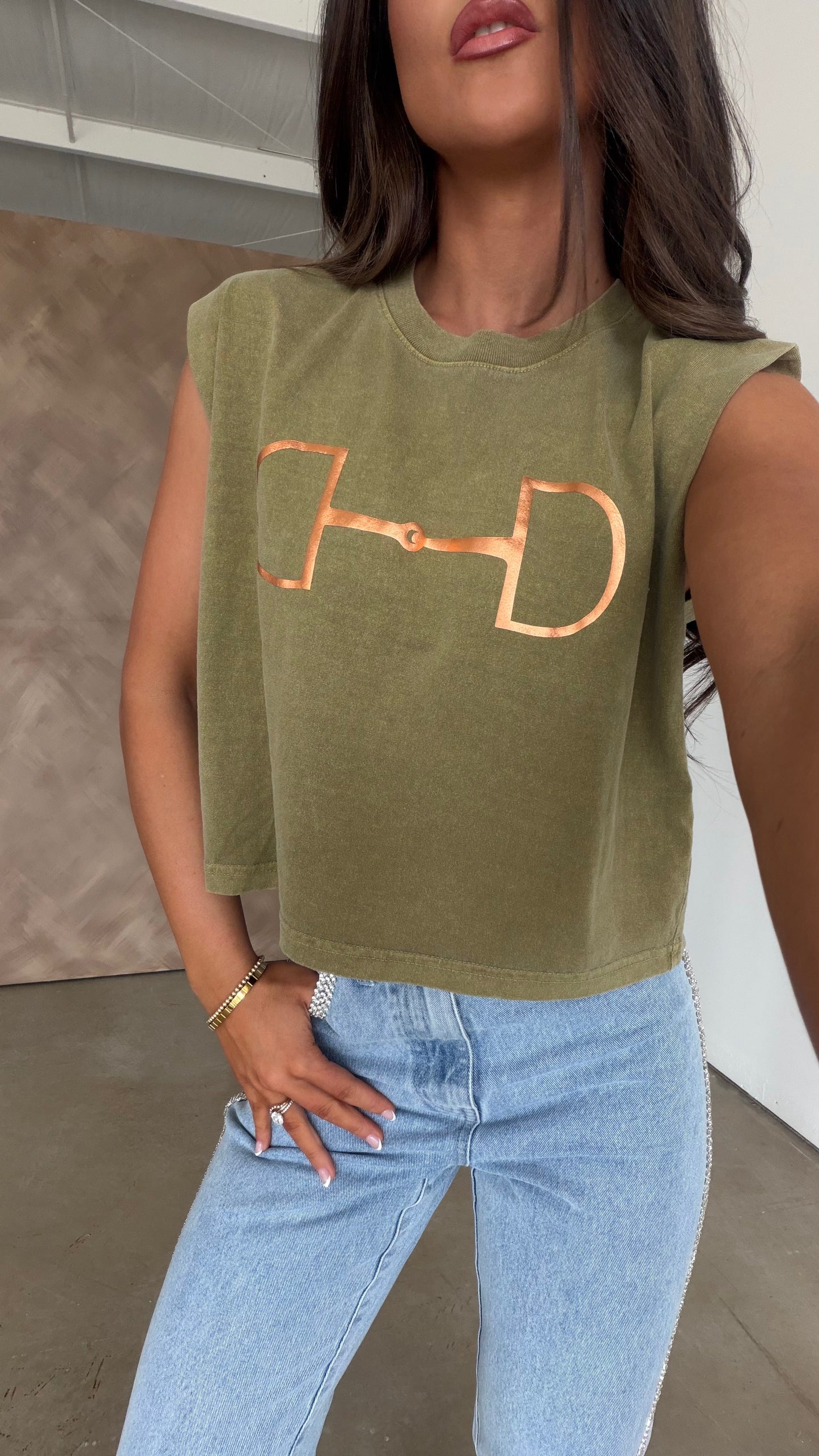NEW!! "Metallic Cowgirl" Horsebit Muscle Tee in Olive