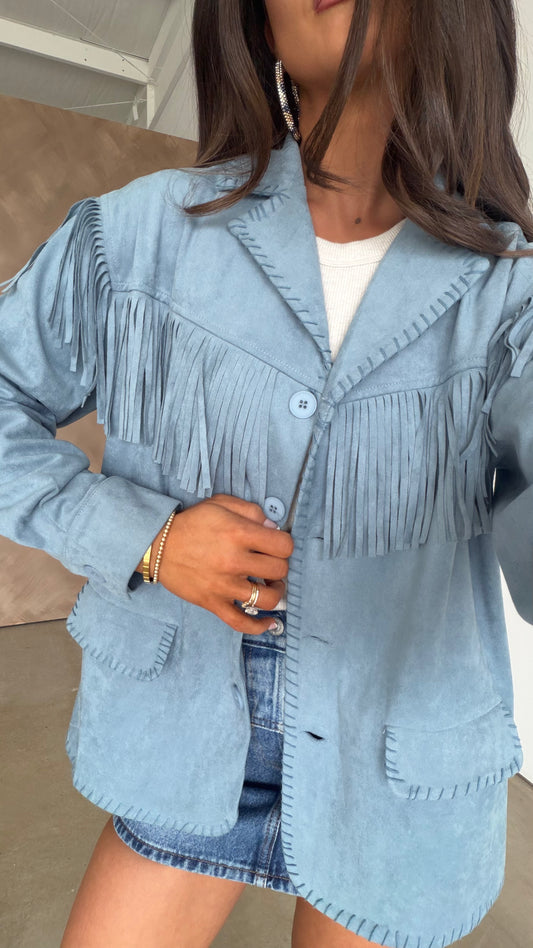 NEW!! "Front Runner" Faux Suede Fringe Jacket in Blue
