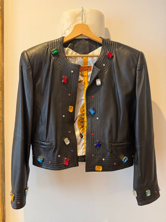 NEW!! Vintage Black Embellished Leather Jacket Size Small
