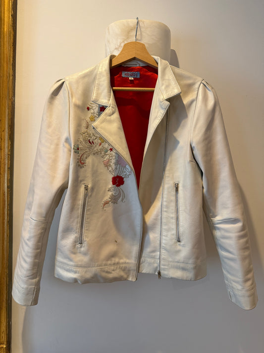 NEW!! Vintage Kenzo White Leather Embroidered Jacket - Size Small