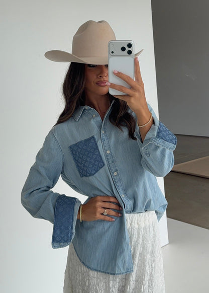 Designer Repurposed Denim Shirt w/ Designer Light Blue Scarf