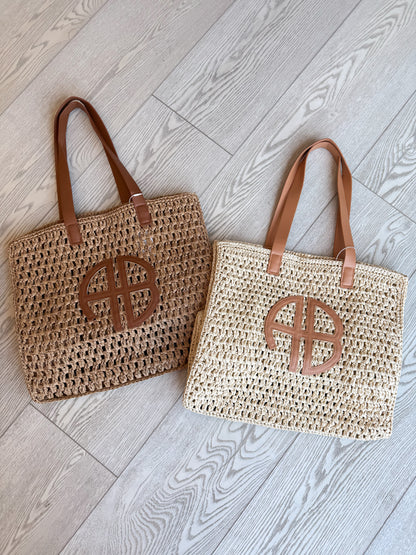 "At The Coast" Straw Beach Tote in Beige