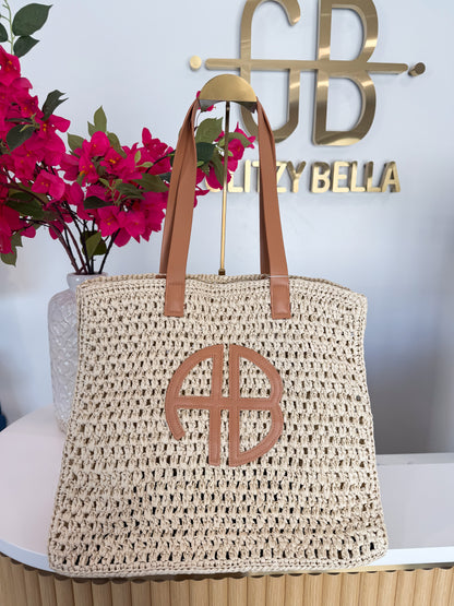 "At The Coast" Straw Beach Tote in Beige