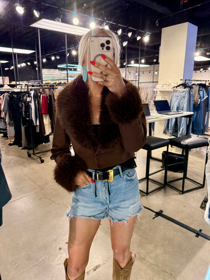 NEW!! Harley Fur Trim Denim Jacket in Brown