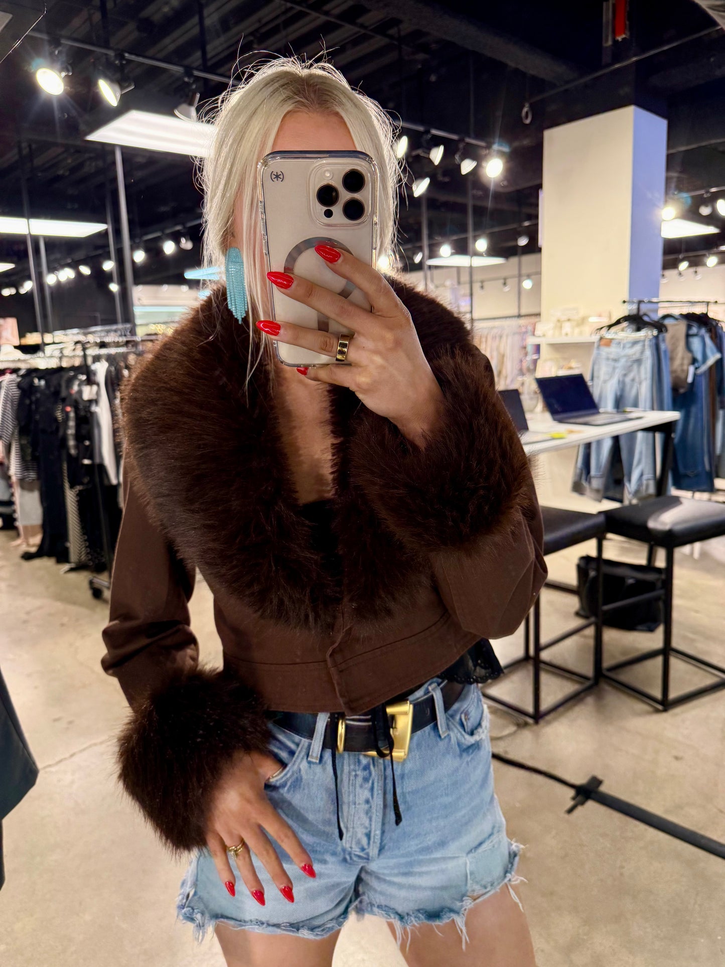 NEW!! Harley Fur Trim Denim Jacket in Brown