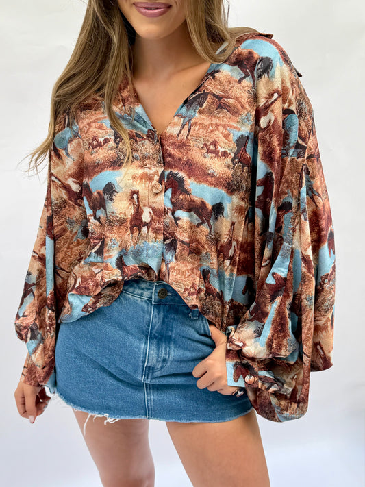 Horseprint Satin Top in Brown Multi