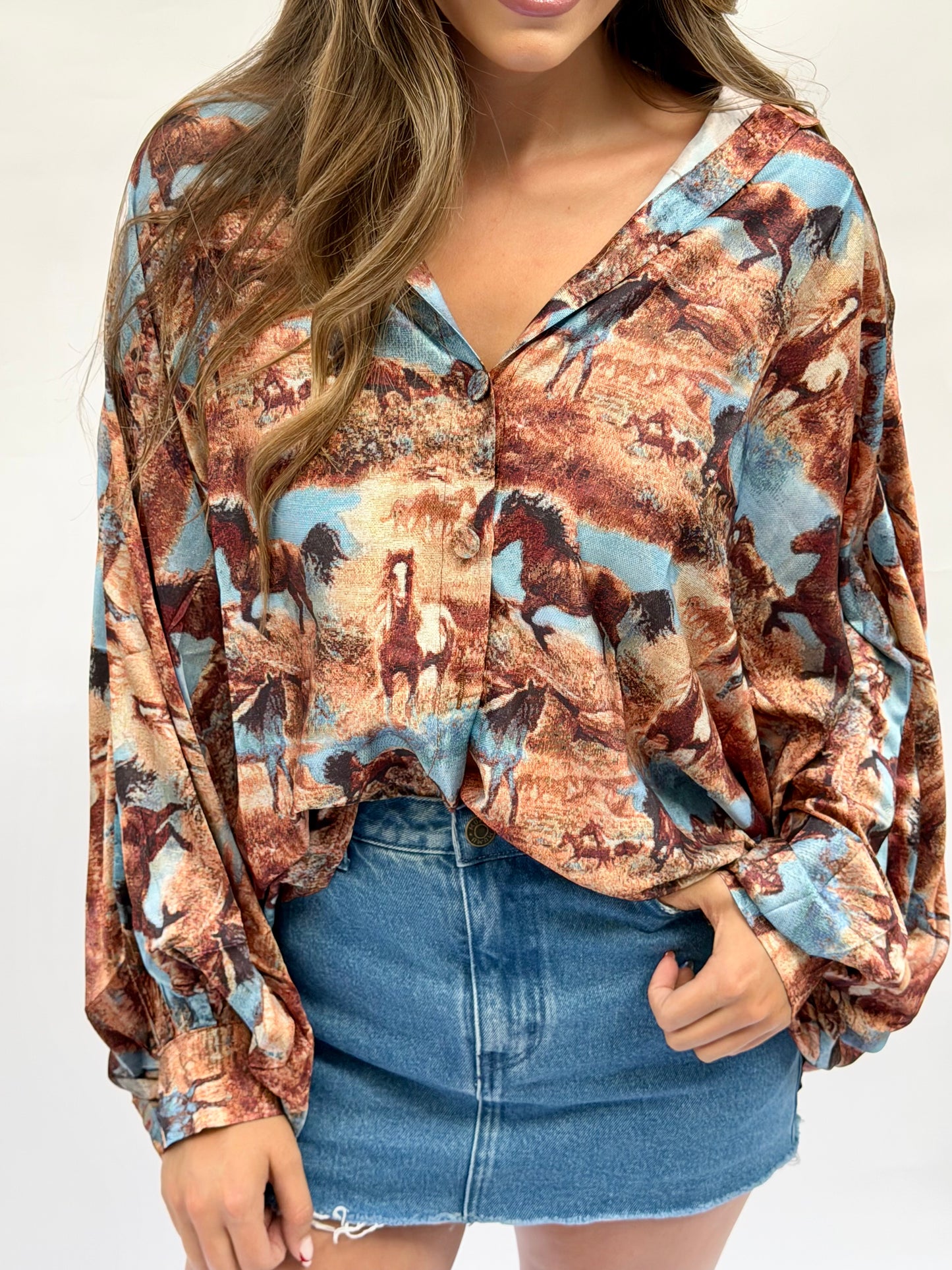 Horseprint Satin Top in Brown Multi
