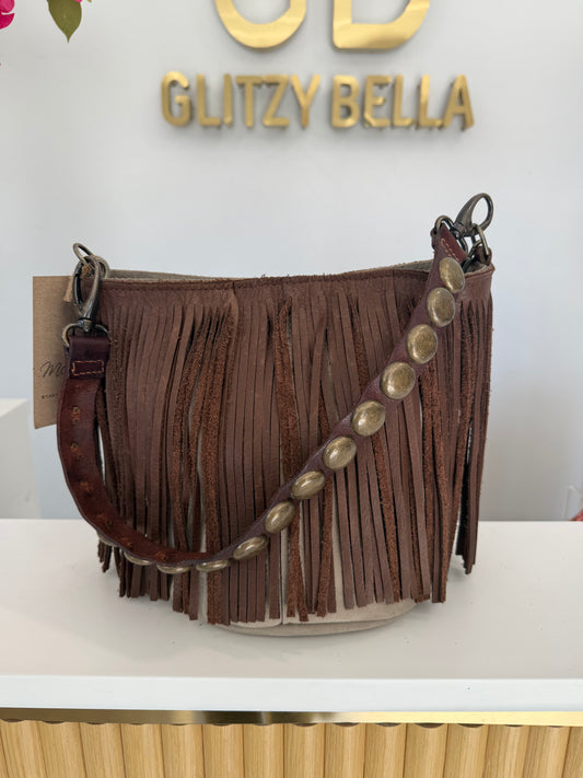 Large Fringe Bucket Bag in Stone
