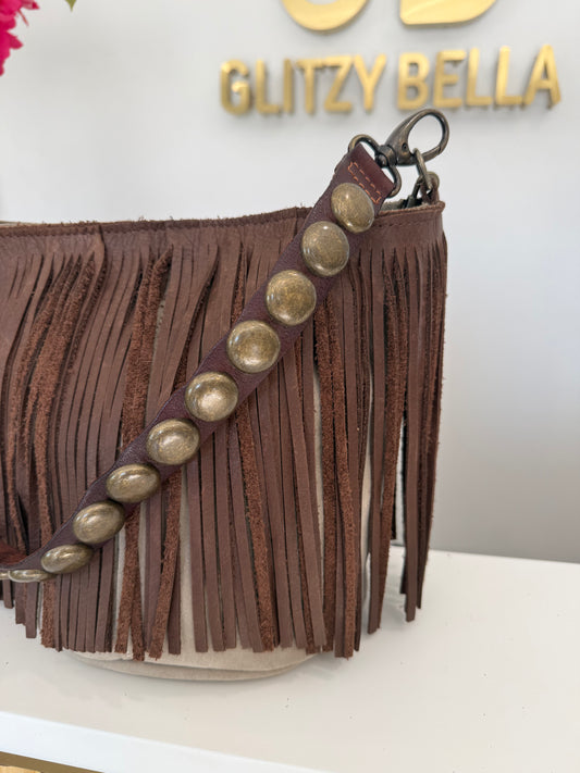 Large Fringe Bucket Bag in Stone