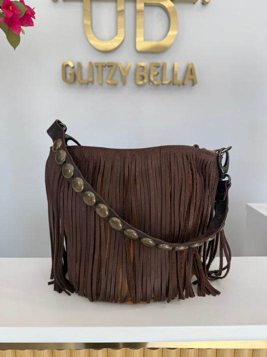 Large Fringe Bucket Bag in Camel