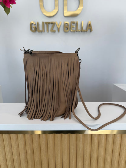 Nude Fringe Bucket Bag in Mini w/ Strap