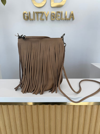 Nude Fringe Bucket Bag in Mini w/ Strap