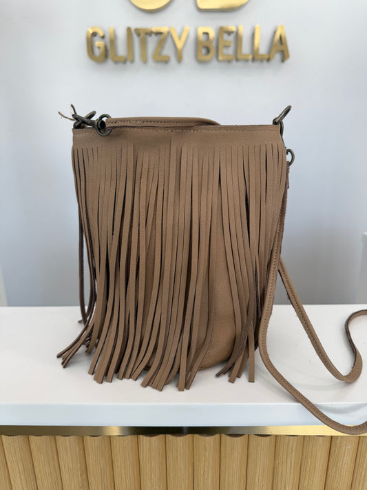 Nude Fringe Bucket Bag in Mini