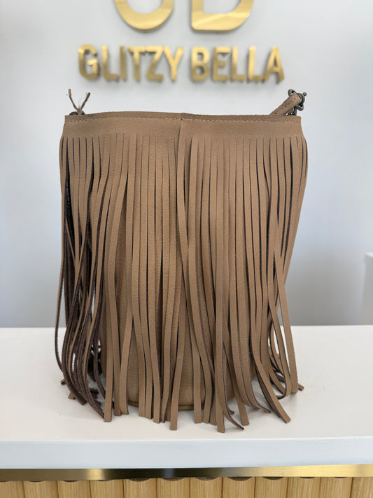 Nude Fringe Bucket Bag in Mini