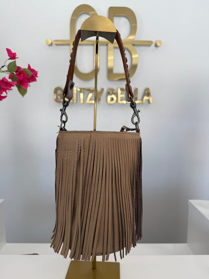 Nude Fringe Bucket Bag in Mini w/ Strap