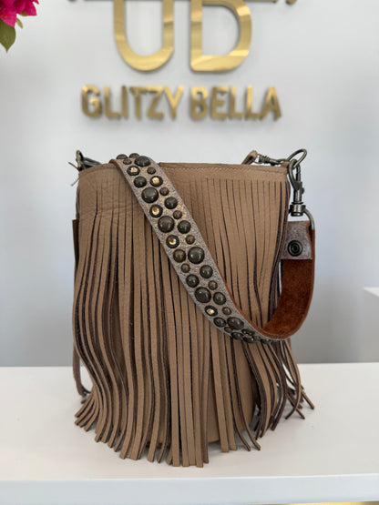 Nude Fringe Bucket Bag in Mini w/ Strap