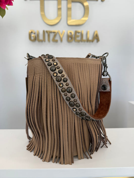 Nude Fringe Bucket Bag in Mini w/ Strap
