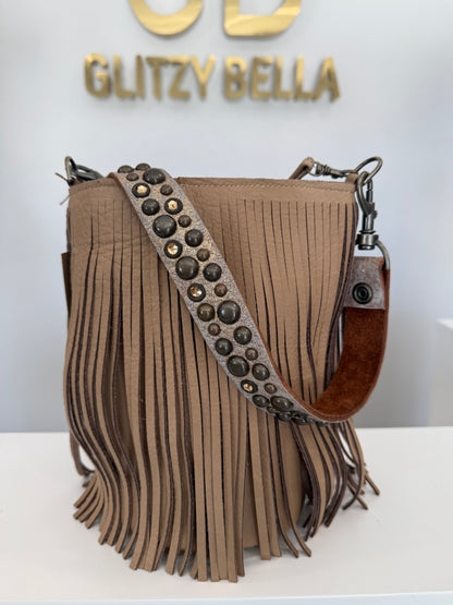 Nude Fringe Bucket Bag in Mini w/ Strap