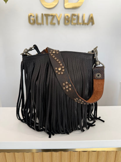 Black Fringe Bucket Bag in Mini w/ Strap