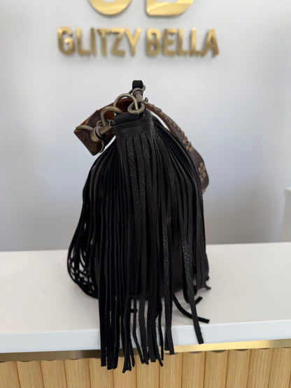 Black Fringe Bucket Bag in Mini w/ Strap