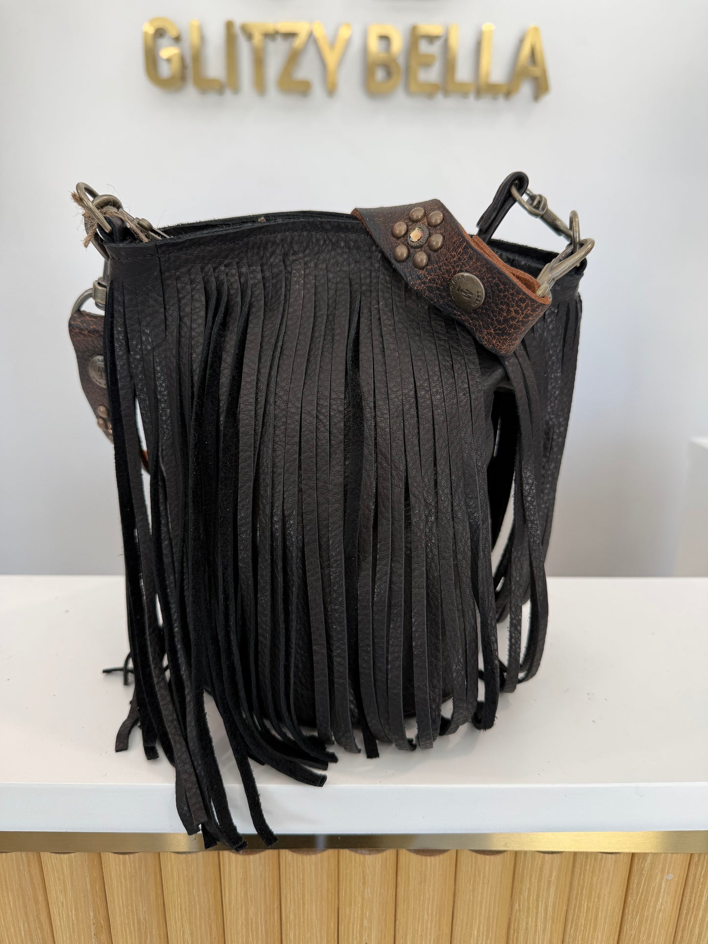 Black Fringe Bucket Bag in Mini w/ Strap