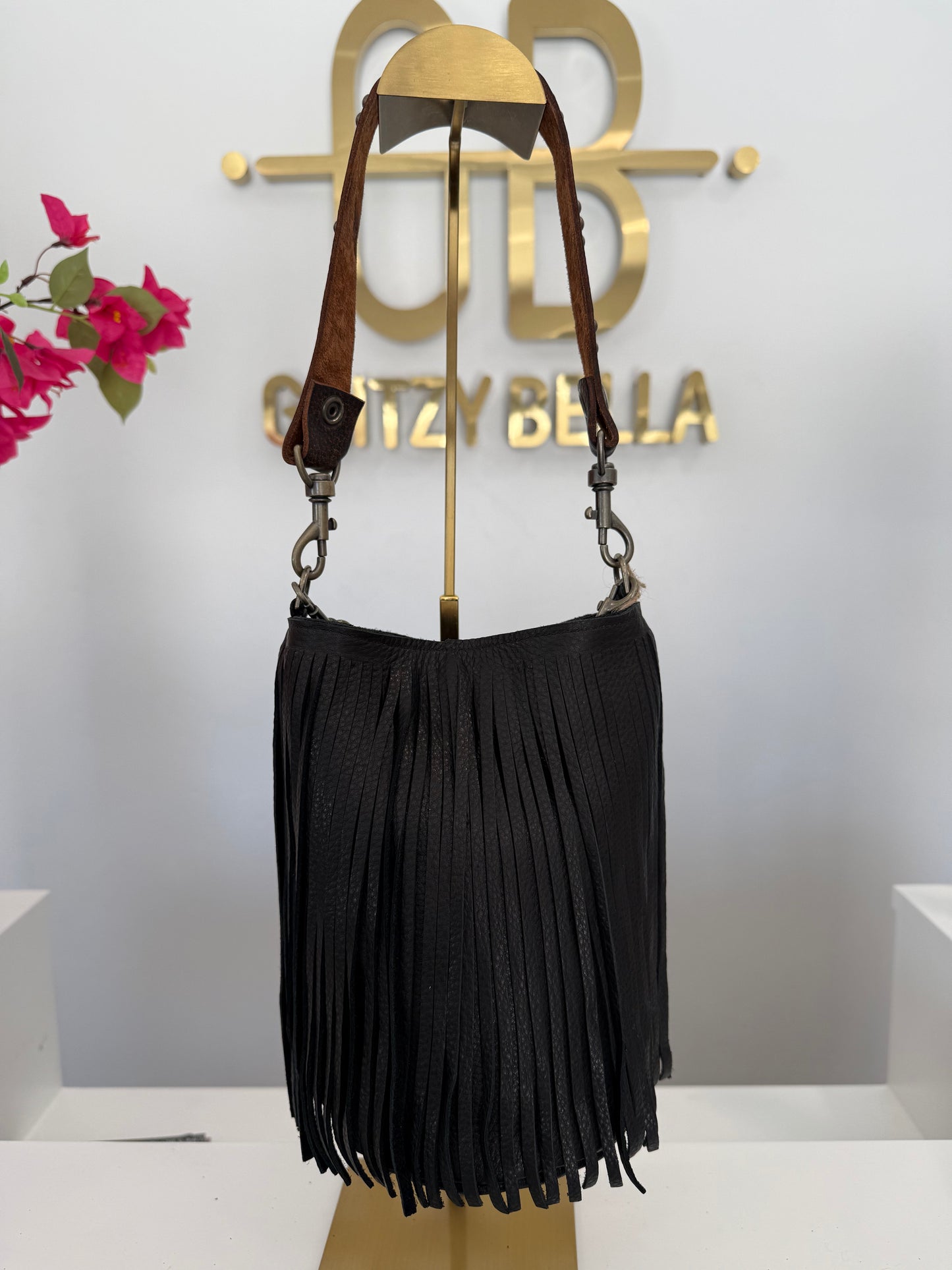 Black Fringe Bucket Bag in Mini w/ Strap
