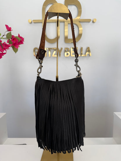 Black Fringe Bucket Bag in Mini w/ Strap