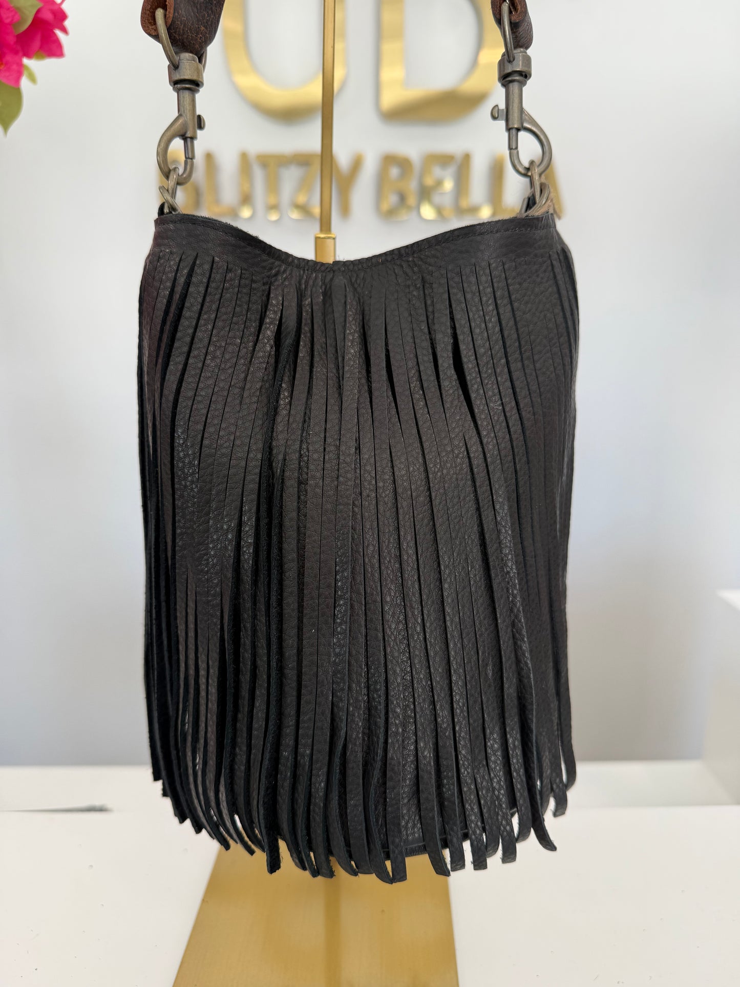 Black Fringe Bucket Bag in Mini w/ Strap